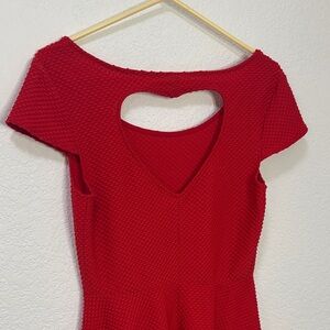 NOBO textured red cap sleeve fit and flare with heart cutout in back dress.